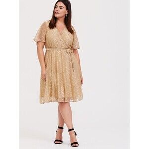 Torrid Gold Metallic‎ Polka Dot Short Sleeve Faux Wrap Dress Women Plus Size 1X